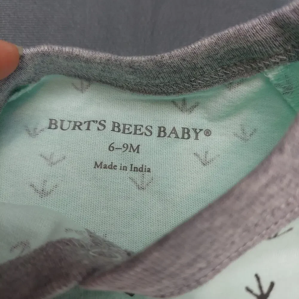 Burt's Bees One Piece Organic Cotton Romper With Hat Set Teal & Gray Size 6-9M